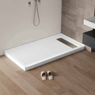 Base de douche blanche 60 po x 32 po avec ensemble de drain et couvercle de drain inclus, bac de douche antidérapant, emplacement du drain droit