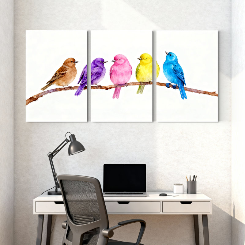 Oiseaux oiseaux colorés perchés sur une branche, ensemble de 3 reproductions d'art sur toile, H 18 po x l 36 po