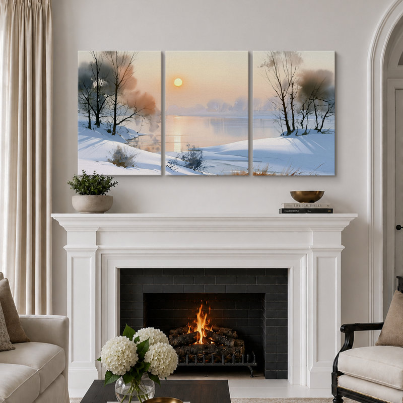 Hiver, paysage de rivière avec des arbres recouverts de neige, images de salon, estampe numérique 3 pièces, 24 po x 36 po x 3 pièces