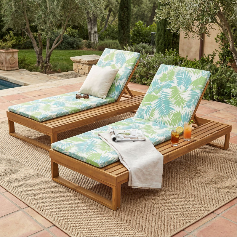 Chaise longue en bois d'acacia à finition teck avec ensemble de coussins à 2 feuilles de noix de coco de 1,57 pouce, 4 positions réglables avec surface latérale plate