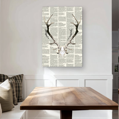 Deer Horns on Newspaper - Metal Print for Living Room Decor