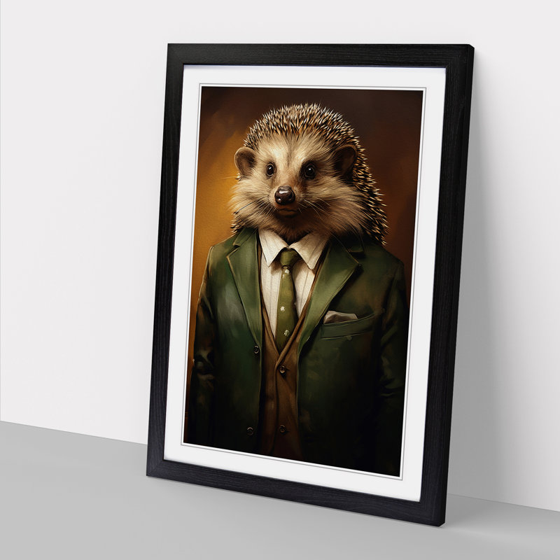 Hedgehog in a Suit Painting - Framed Print, 34cm H x 25cm W, Black Framed