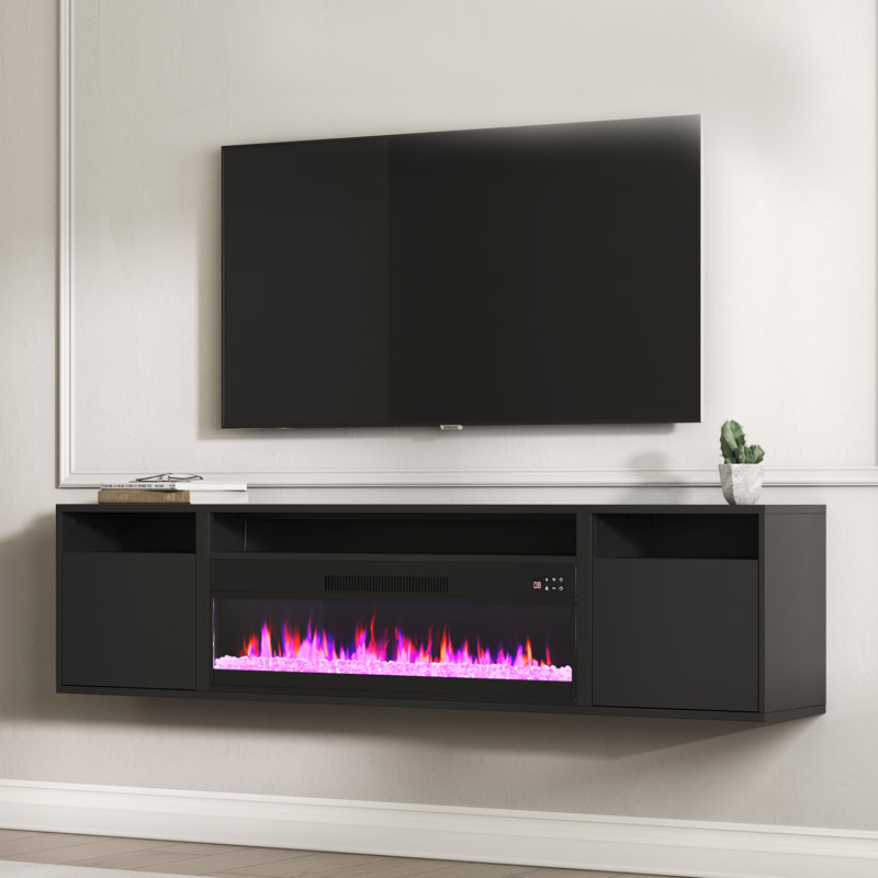 Meuble télé flottant avec foyer électrique 36 po, noir