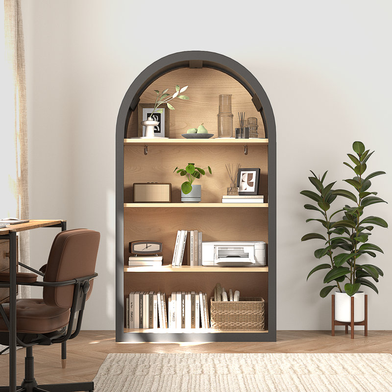 Bibliothèque arquée noire à 4 niveaux avec bibliothèque de 43 po de hauteur et tablettes de rangement