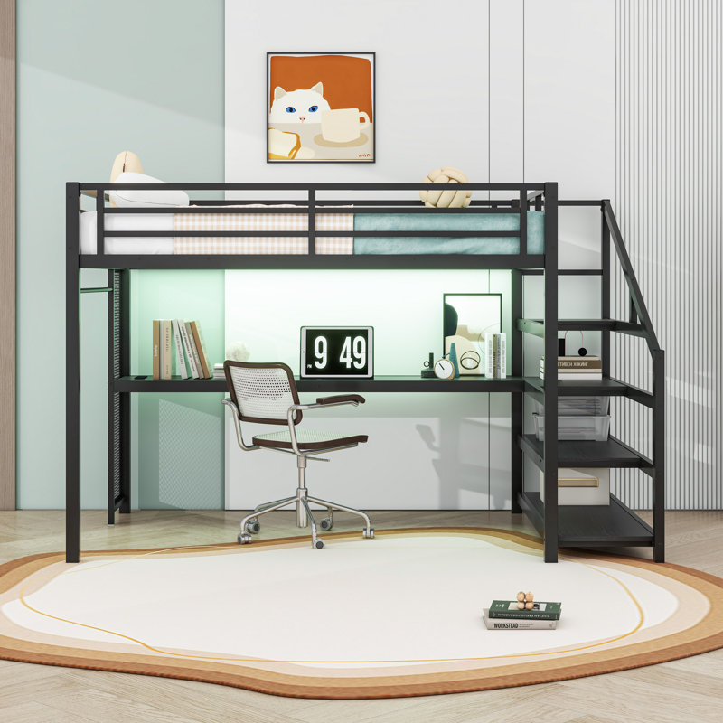 Queen Loft Bed With Desk, Storage Staircase, LED Lighting And Charging Station