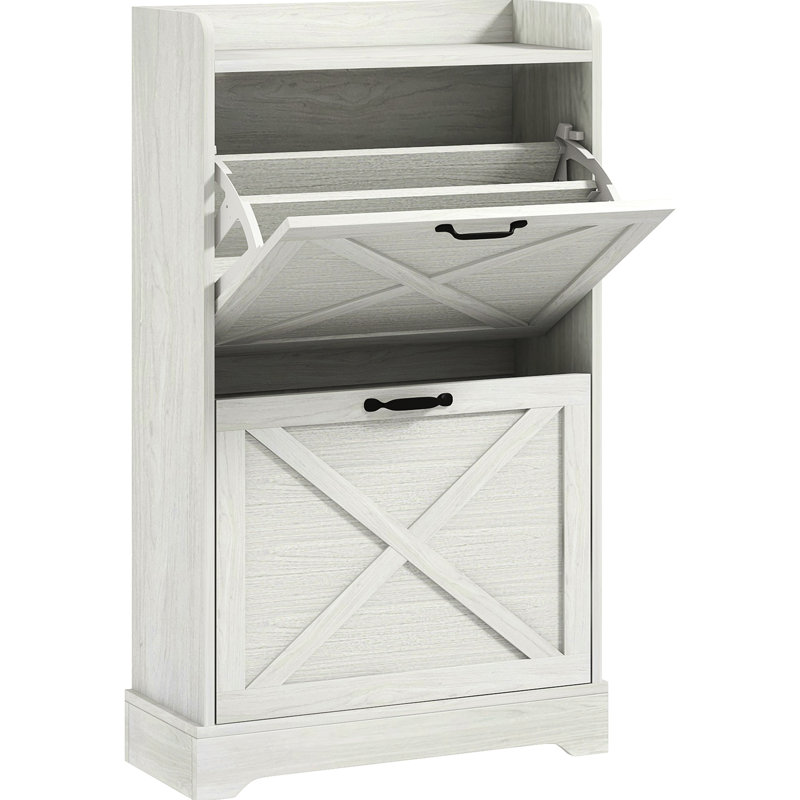 Distressed White Entryway Shoe Container, Hidden With 2 Drawers & Adjustable Shelves, Stores 8 Pairs, Look Slim Style Cabinet For Entryway, Flip Fits
