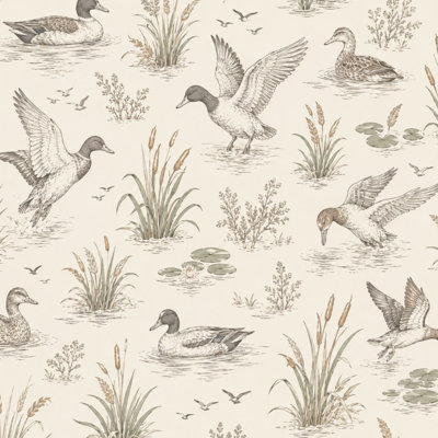 Peel and Stick Wallpaper Vintage Ducks Wetland Plants Beige Mallard Ducks Contact Paper Removable Self Adhesive Wall Mural Wall Decor for Bedroom Kitchen Cabinets 24in x 118in