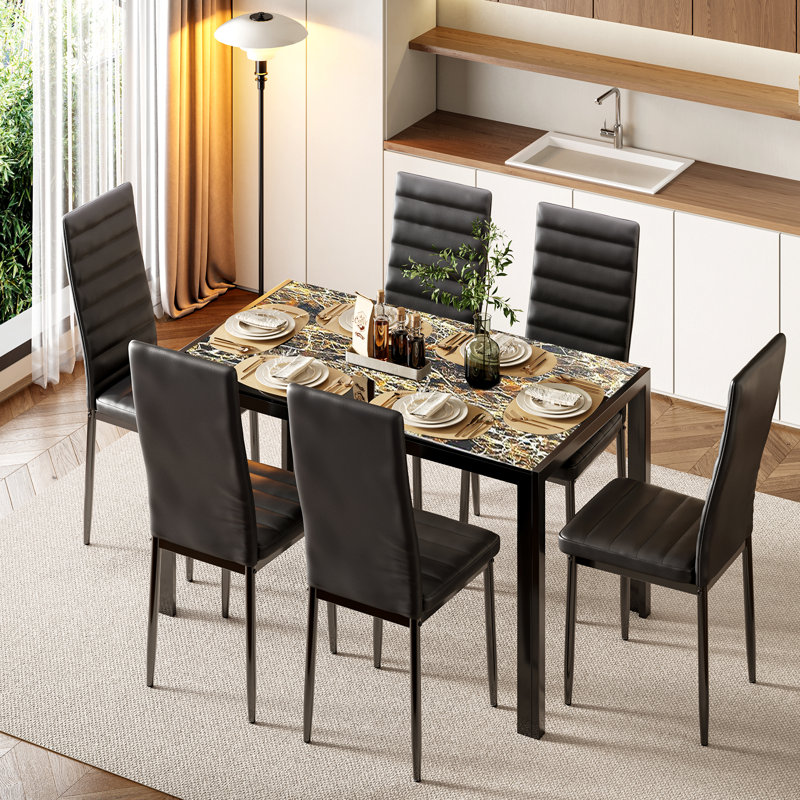 Ensemble repas 5 pièces Jehias, 7 pièces : table, 6 chaises, Marbre
