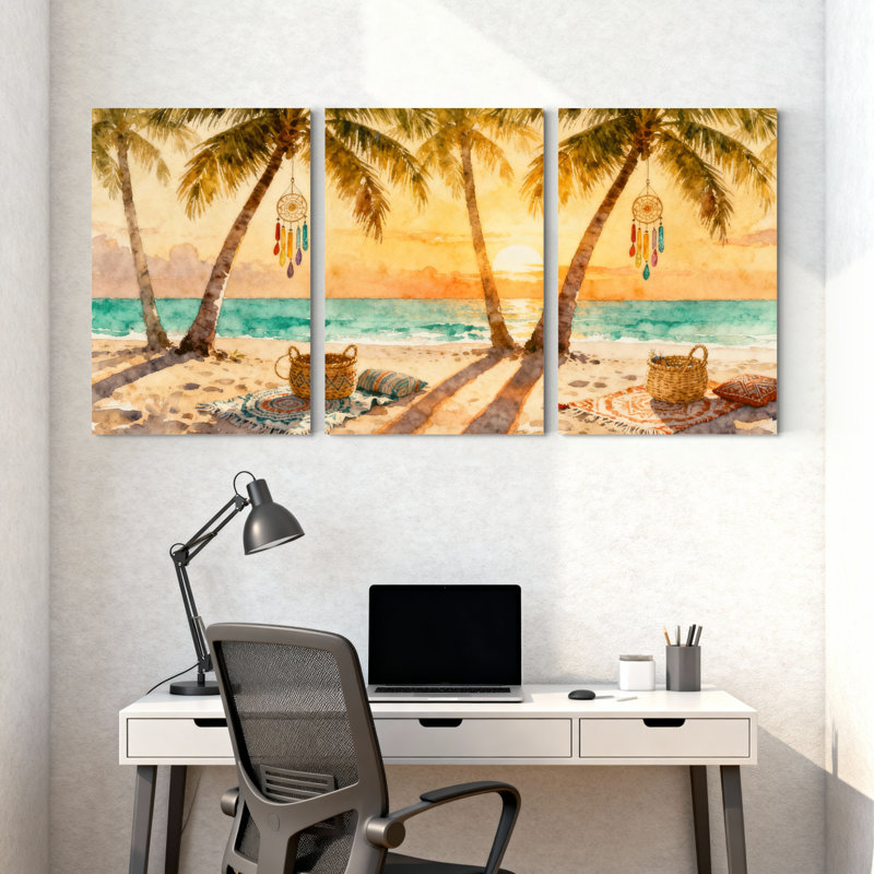Palmiers, plage tropicale, coucher de soleil, palmiers, ensemble de 3 impressions sur toile, H 18 po x l 36 po