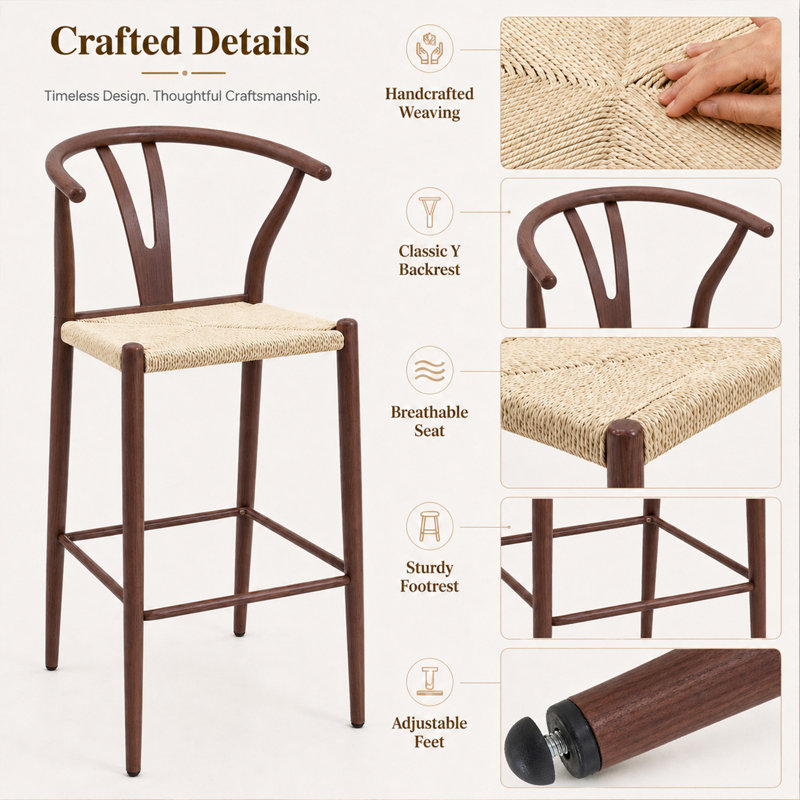 Ensemble de 2 chaises de comptoir de style Mid-Century avec sièges en corde tissée à la main, Noyer