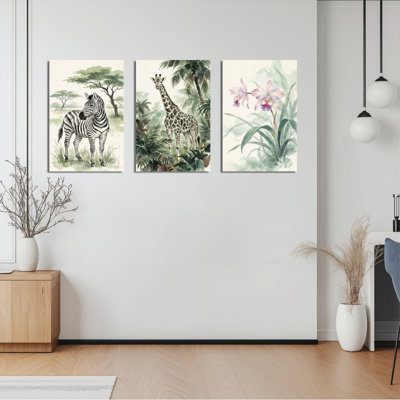 Zèbre, girafe et orchidée, aquarelle, faune, toile tendue, reproduction d'art sur toile, ensemble de 3