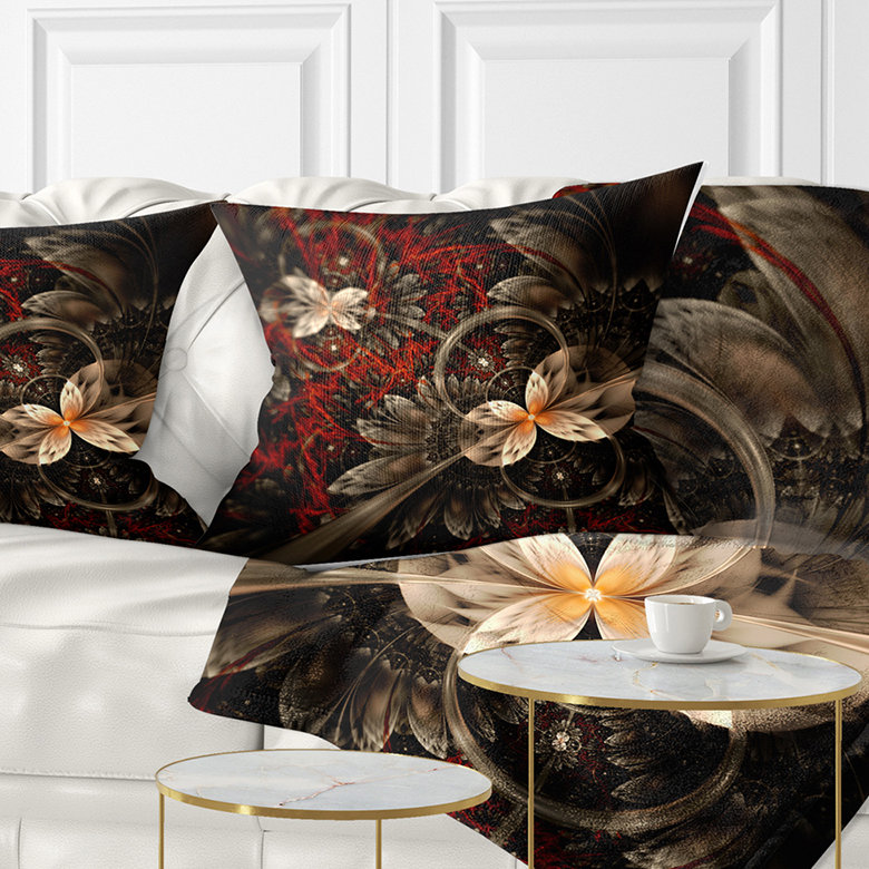 Motif de fleur rouge et orange fractal - coussin imprimé floral, 16 po x 1 po, Coussin décoratif