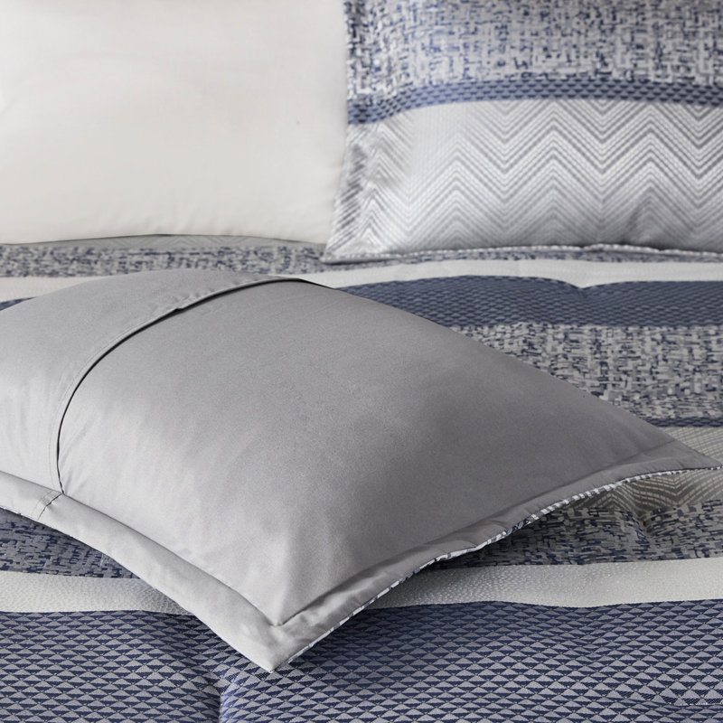 7 Piece Navy King Comforter - With Stripe Design & Decorative Pillows Classy Comforter, Shams Machine Washable, Navy