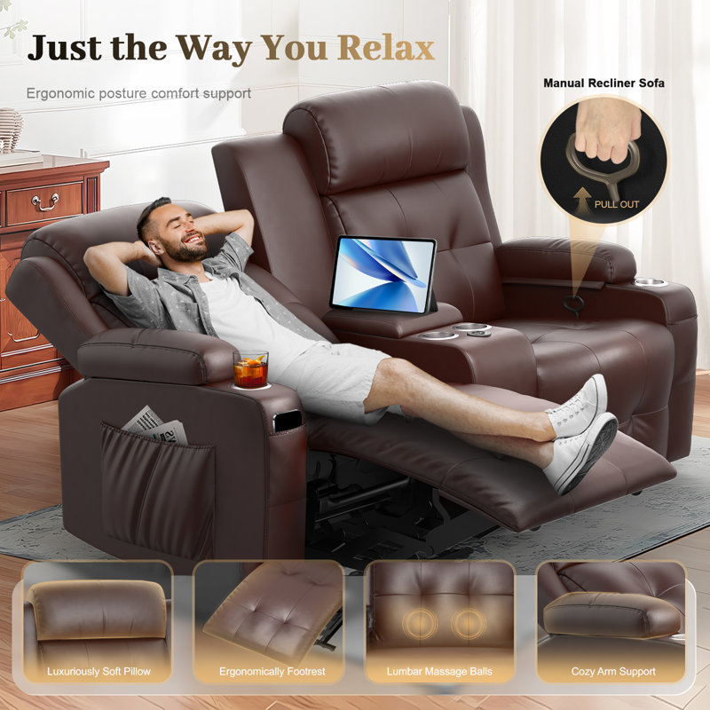 Loveseat, 2 Seater Manual Recliner With Cup Holders, USB And Type-C Port, Faux Leather Recliner Chair With Massage Function For Living Room Furniture