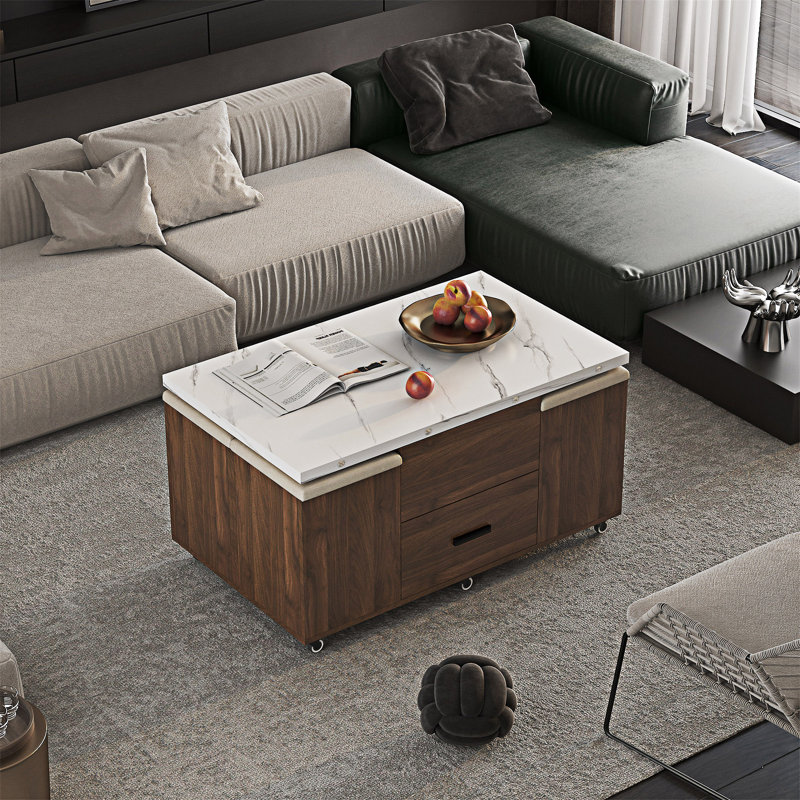 Table basse relevable avec tabourets et rangement