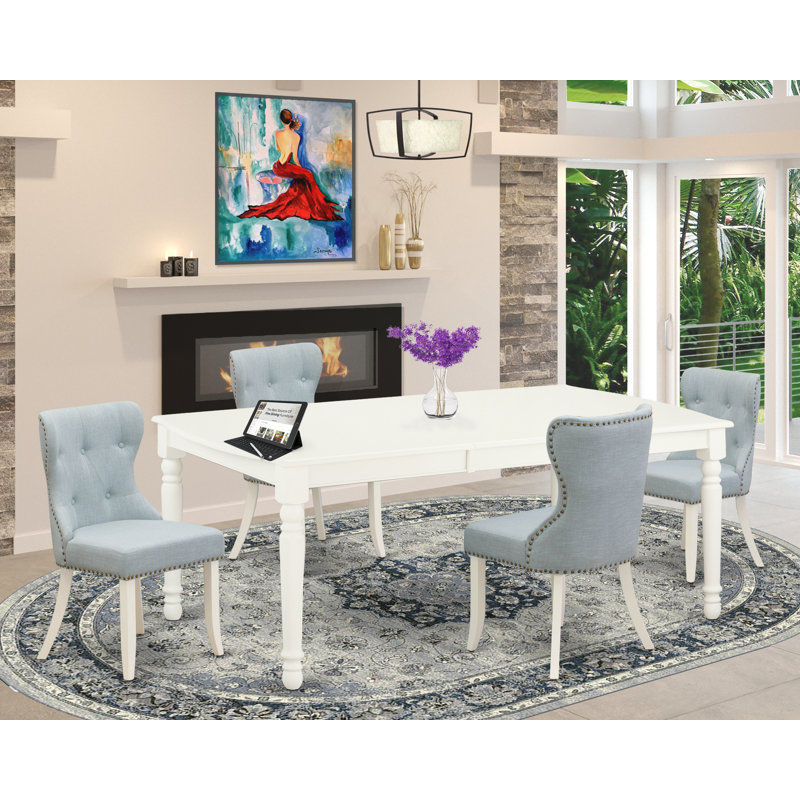 L'ensemble de table de cuisine 5 pièces comprend une table de salle à manger rectangulaire avec des feuilles de papillon et 4 chaises Parsons en tissu bleu bébé, lin blanc