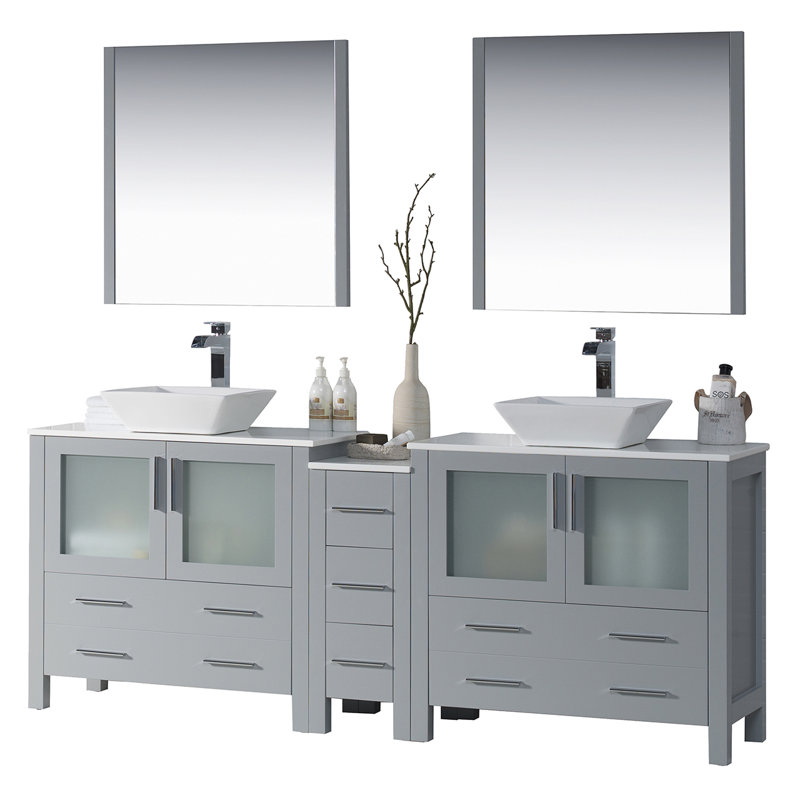 Ensemble de meuble-lavabo de salle de bain double 84 po avec miroir Mance, Gris métallique