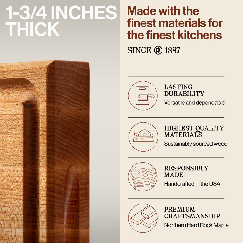 John Boos Chef's Collection Edge Grain 1.75" Maple Cutting Board with Groove, 12" L x 12" W x 1.75" D