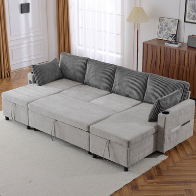 Canapé-lit modulaire 111,8 po avec canapé-lit polyvalent avec grand espace de rangement, deux ports USB et deux porte-gobelets pour le salon, gris