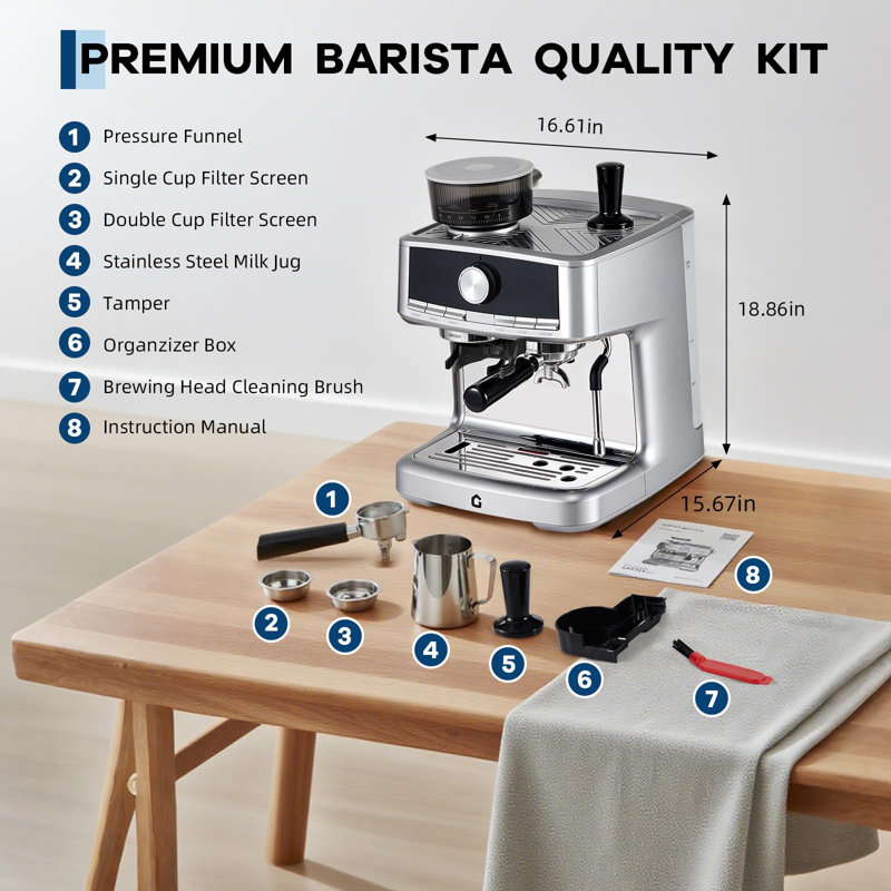 20 Bar Pressure Stainless Steel Espresso Machine with Grinder, 1.5L Removable Water Tank, Milk Frother Steam Wand for Latte/Cappuccino - Adjustable Shot Volume, Professional Home/Office Use