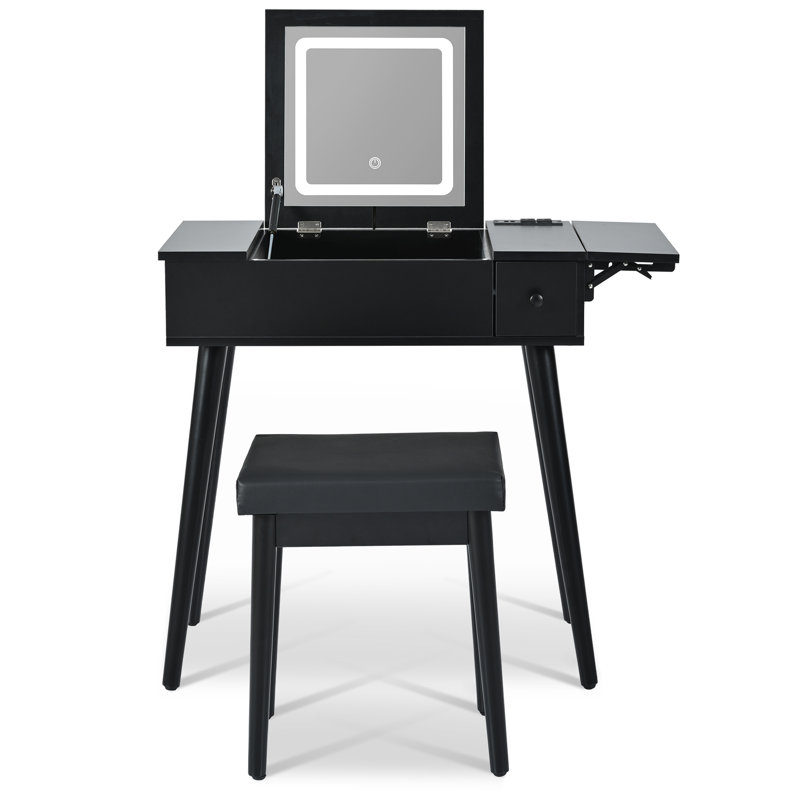 Meuble-lavabo noir 27,9 po avec miroir basculant et lumière DEL, coiffeuse avec station de charge, 2 tiroirs et panneau rabattable, ensemble de meuble-lavabo avec tabouret rembourré pour la chambre à coucher