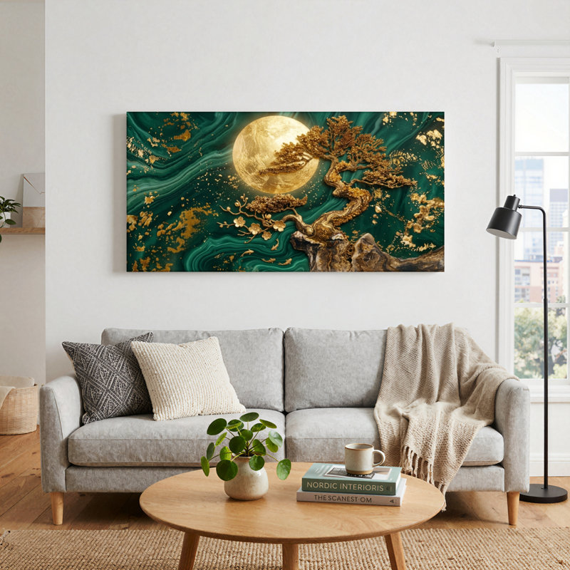 Ensemble de 1 tableau sur toile « Lune dorée », 58“W x 28”H, Toile tendue