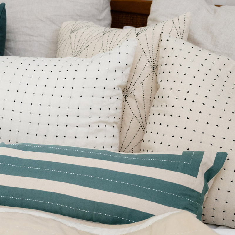 Interlock Lumbar Pillow Cover & Insert, White/Spruce, 16''H x 26''W x 3''D