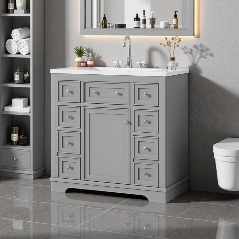 Ensemble de meuble-lavabo autoportant gris moderne 36 po avec 6 tiroirs et 1 armoire en bois massif et panneau de fibres à densité moyenne