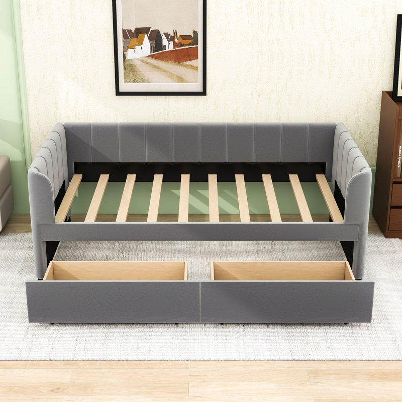 2 Drawers Upholstered Twin Daybed with Sturdy Slats, Gray