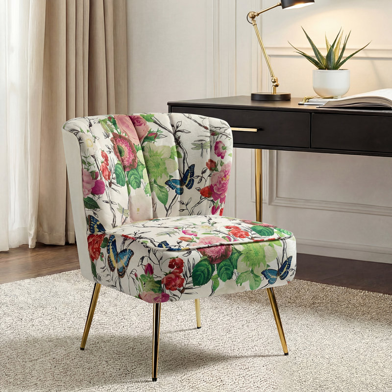Mccowan Felicia Velvet Barrel Chair with Tufted Back, Ivory Floral Velvet