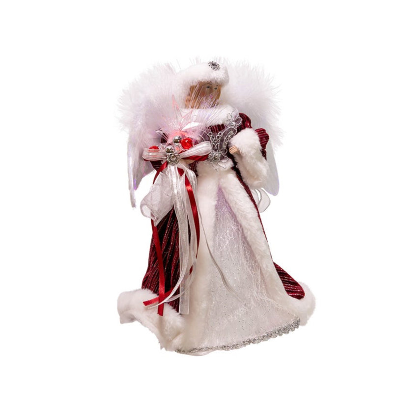 14-Inch White, Silver, and Burgundy Angel Tree Topper with LED Lights