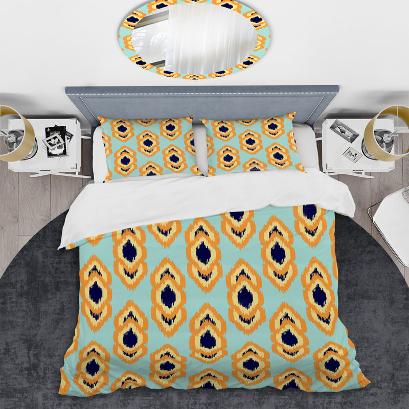 Yellow Ikat Ogee - Ensemble de housse de couette abstrait - Microfibre de polyester