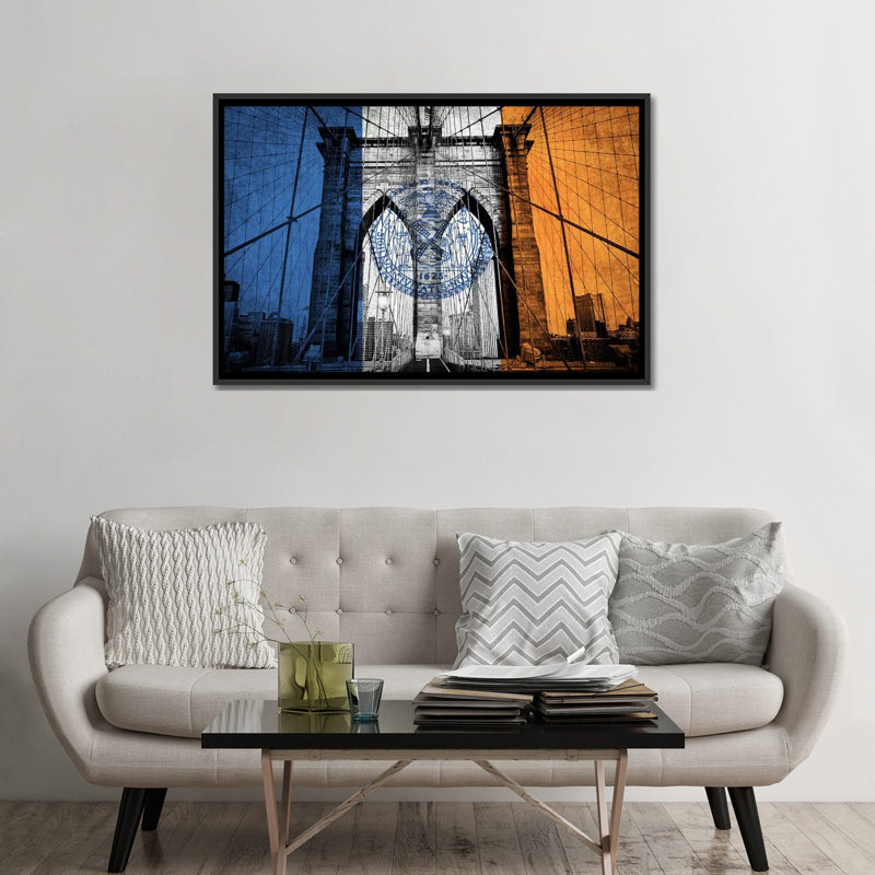 « flags new york brooklyn bridge », impression sur toile, H 32 po x l 48 po x P 1,5 po, Toile encadrée noire, Pas de tapis
