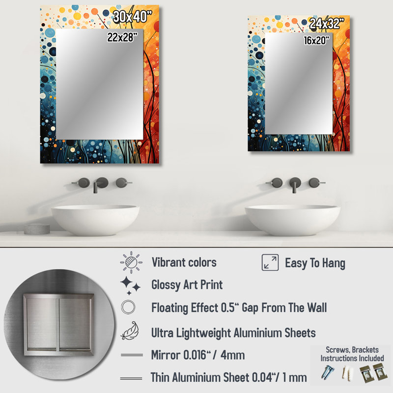 Coloré Mid Century Dynamic Duality III - miroir abstrait Mid-Century, miroir mural moderne unique Mid-Century, impression sur métal