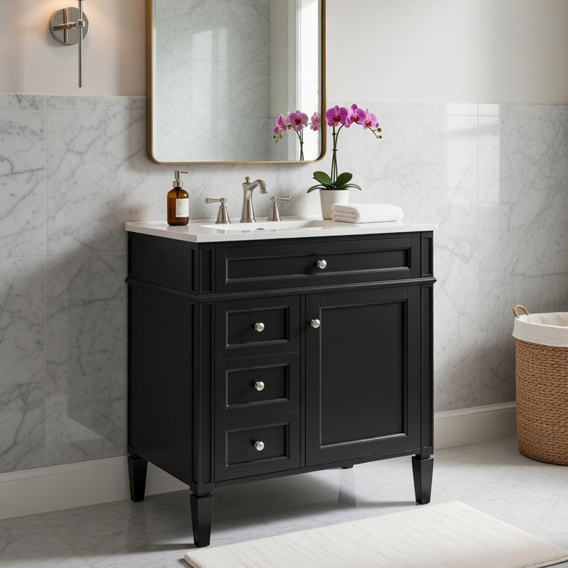 Meuble-lavabo avec lavabo simple en céramique Asher, rangement, bois noir 30 po Asher, Noir / Chrome