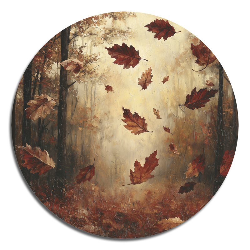 «Brown Falling Oak Leaves» - art mural rond en métal pour salon, H 29 po x l 29 po