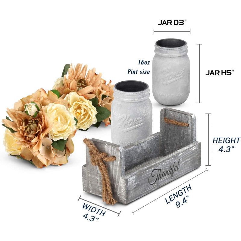 Rustic Table Centerpiece Decor-Decorative Thankful Wood Tray With 2 Painted Mason Jars, Rose Bouquet Flowers For Home,Dining Room, Living Room, Kitchen, New Home Housewarming Gift