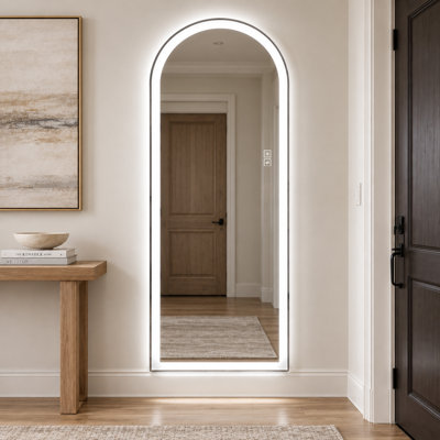 Arched Frameless LED Full Length Wall Mirror with 5mm Copper Free Silver Glass Dimmable Dual Color Lights Plug In or Hardwired