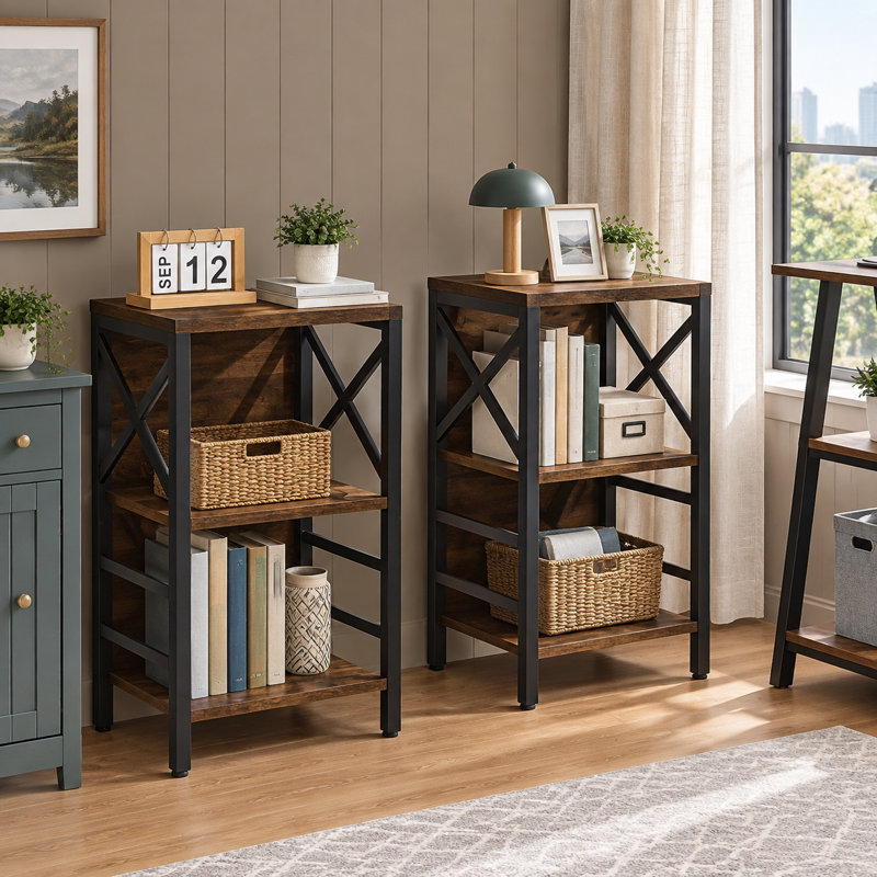 Petite étagère industrielle à 3 niveaux, de couleur brun rustique, avec une structure et un panneau arrière en métal, conçue comme une bibliothèque basse pour les petits salons, les chambres et les bureaux à domicile.
