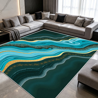 Tapis 1PC bleu sarcelle Gold Waves, élégant tapis décoratif polyvalent, facile à nettoyer et à entretenir, pièce de mobilier idéale pour la chambre à coucher, le salon, le couloir, l'entrée, le dortoir et le bureau pour rafraîchir l'ambiance de votre maison