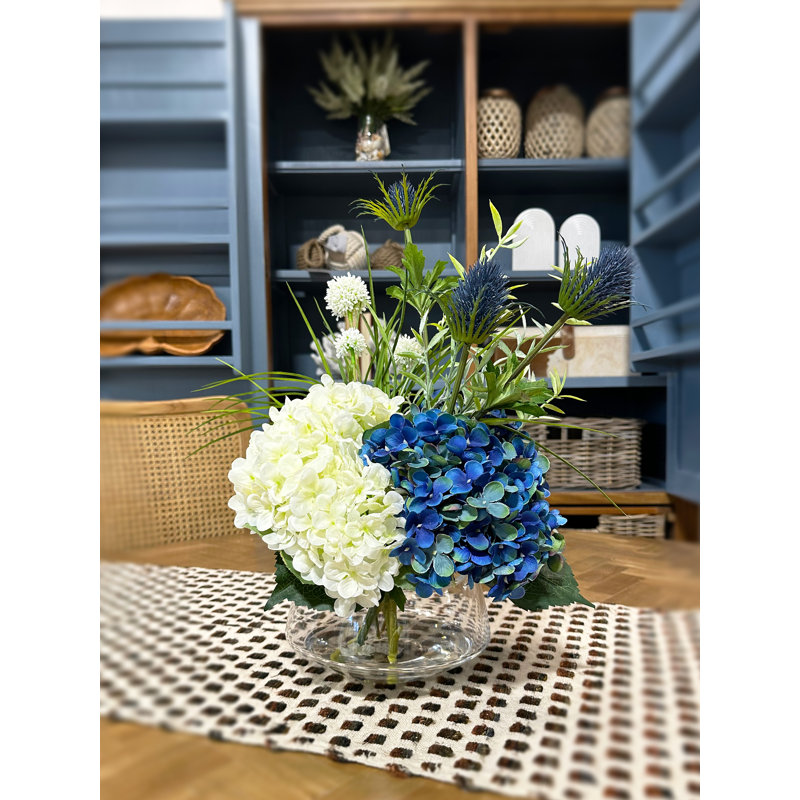 Assorted Hydrangea and Thistle Floral in Glass Vase