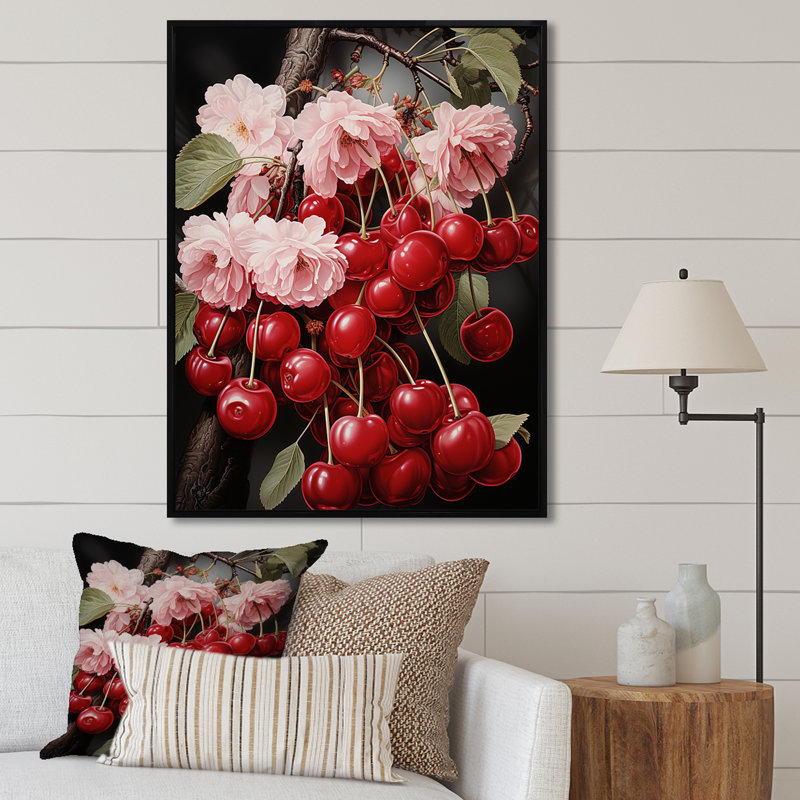 Red Cherry Fruit Beauty I - Art mural cerise, Cadre flottant noir, H 44 po x l 34 po x P 1,5 po