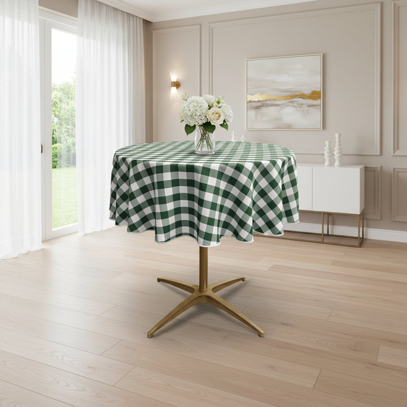 Joice Gingham Round Tablecloth, White and Hunter Green, 50" Round