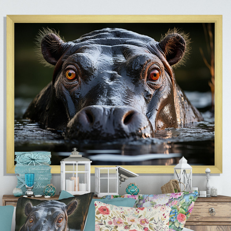 Hippopotamus Portrait Monochrome - Animals Canvas Art Print, H 34 po x l 44 po x P 1,5 po, Encadrement doré