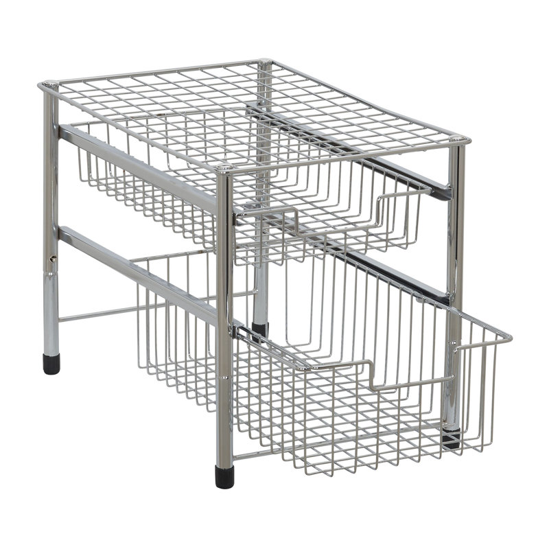 Two Basket Sliding Cabinet Organizer, Metal, Small, Free Standing - No Installation Necessary, Silver Finish