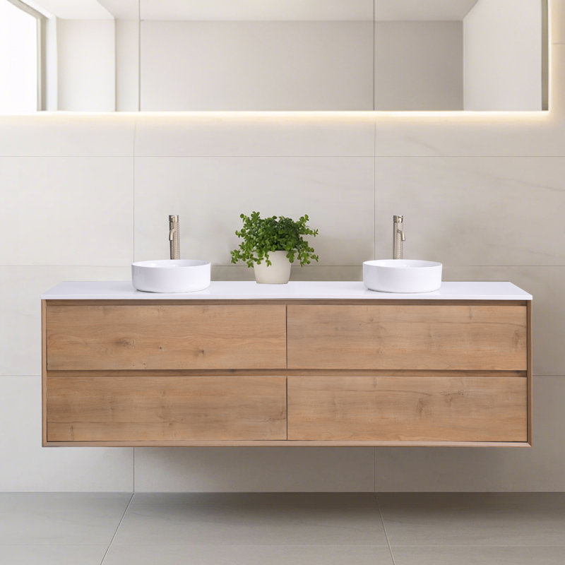 Meuble-lavabo mural 84 po avec comptoir en pierre de quartz et lavabo vasque Skyward, 84"