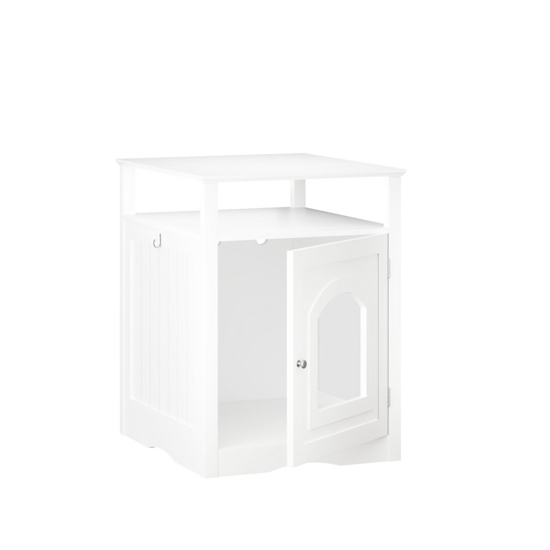 Meuble de litière caché - Enclos pour chat, Maison blanche d'intérieur avec armoire fermée, Espace douillet, Crochet latéral et Tablette fonctionnelle, Boîte en bois moderne pour clôture de salon, Construction, Table ou