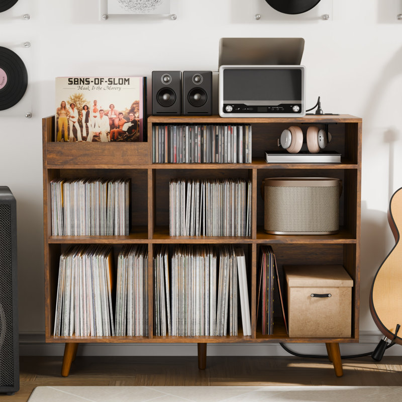 Meher 45'' W Record Player Stand with Charging Station and Media Shelves, Rustic Brown