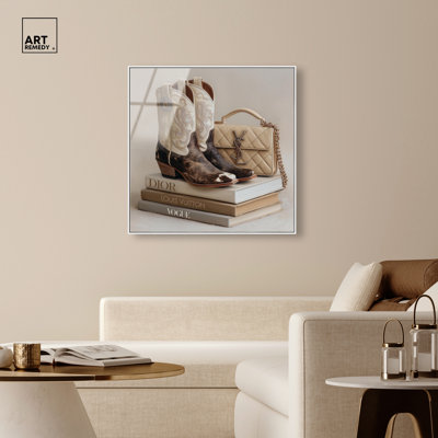 Luxury Cowgirl Boots and Books Framed Acrylic Print Dorm Wall Decor by Art Remedy, White Frame, 30 x 30