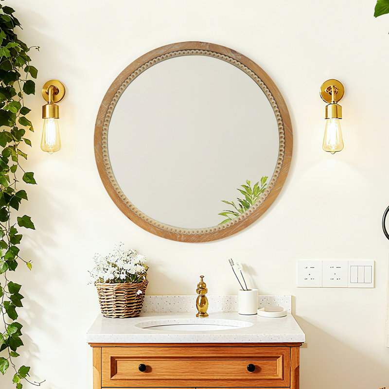 Miroir mural rond, miroir d'appoint pour salle de bain, chambre à coucher, Bois naturel